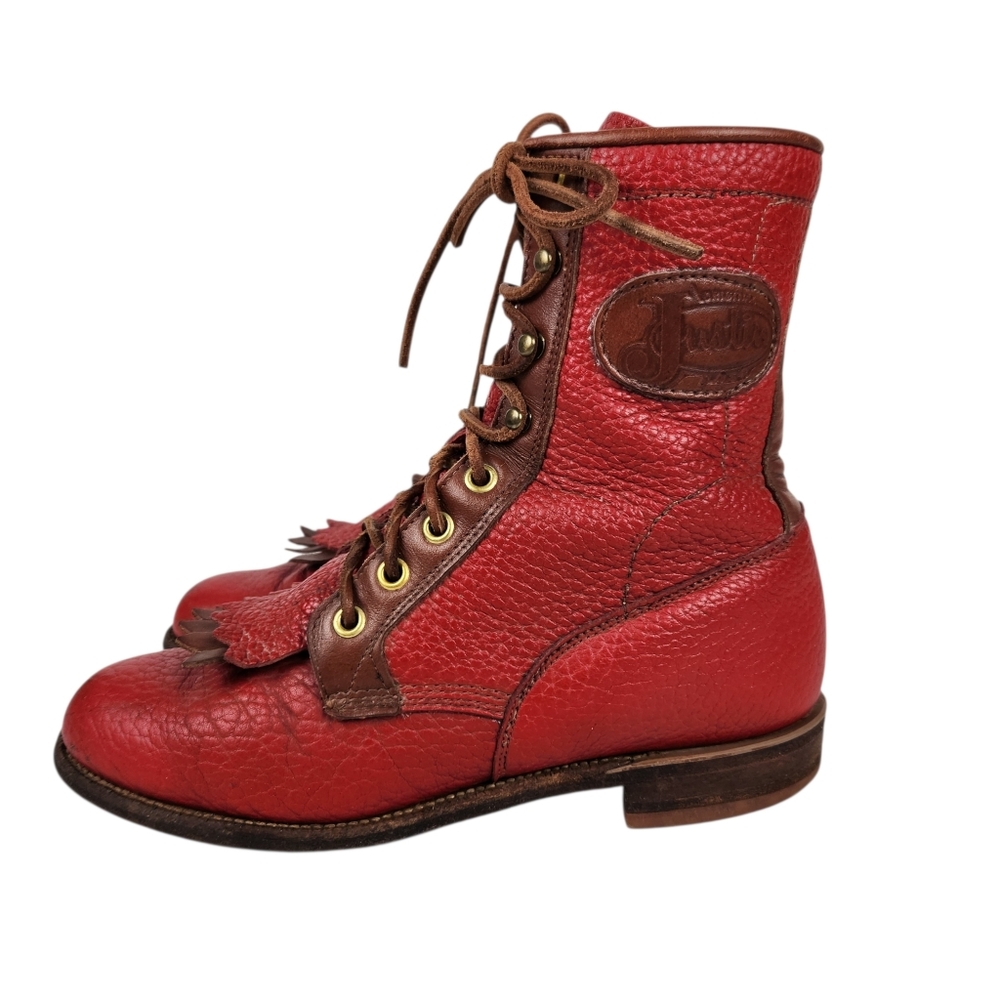 Justin Vintage Red Leather Brown Trim Lace Up Roper Western Boots Womens Size 6 - Picture 2 of 12
